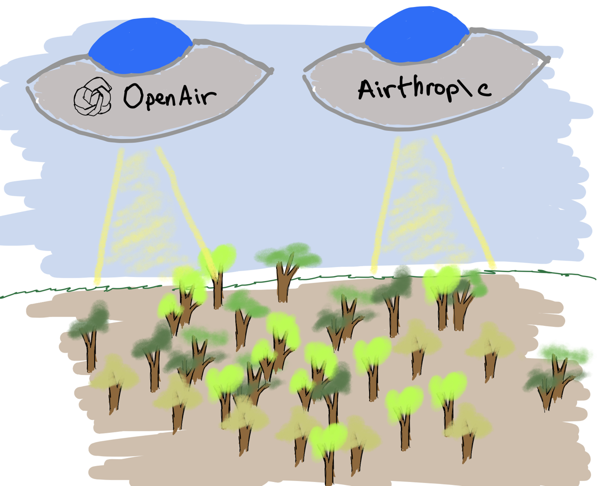 An image of two UFO-looking drones with the logos of OpenAir and Airthropic gathering all the oxygen from the Amazon forest