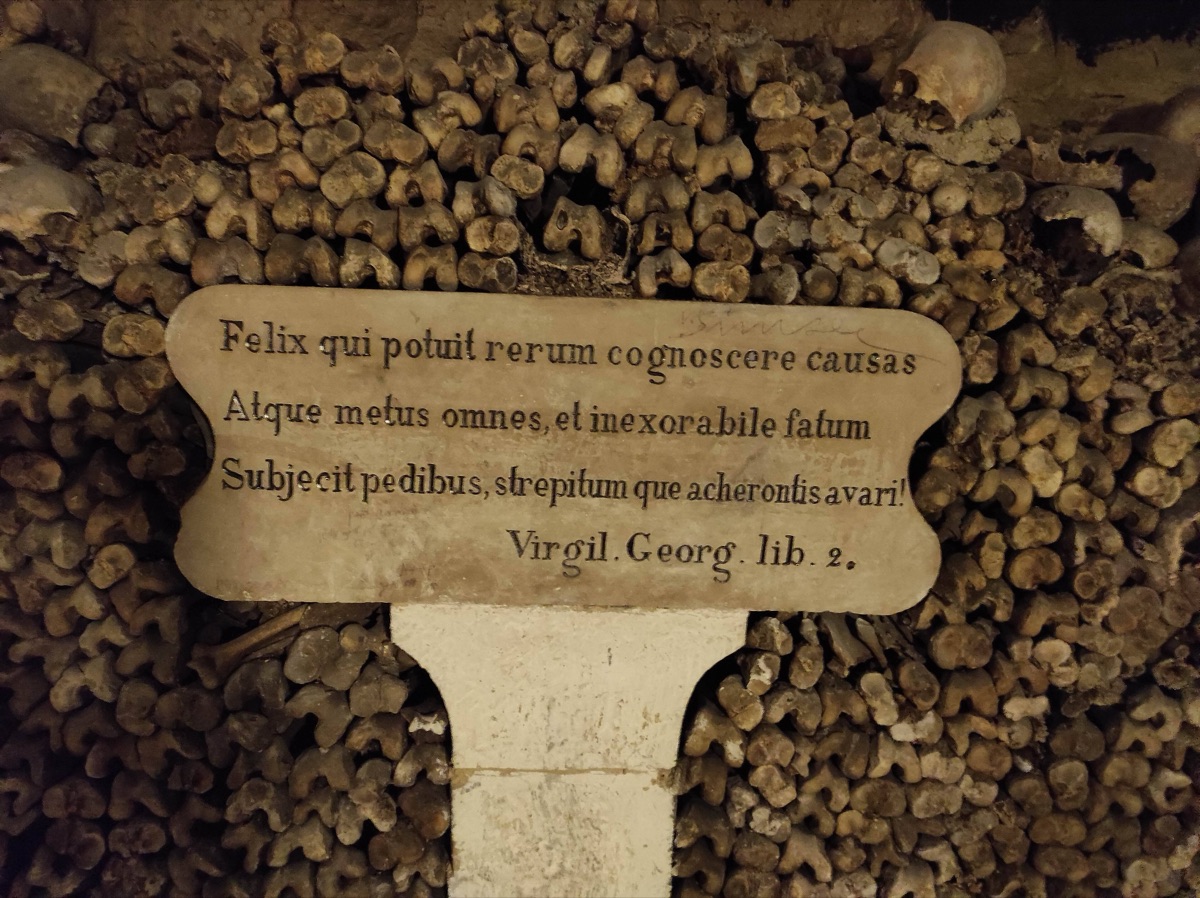 A photo of a plaque with Virgil's quote "Felix, qui potuit rerum cognoscere causas"